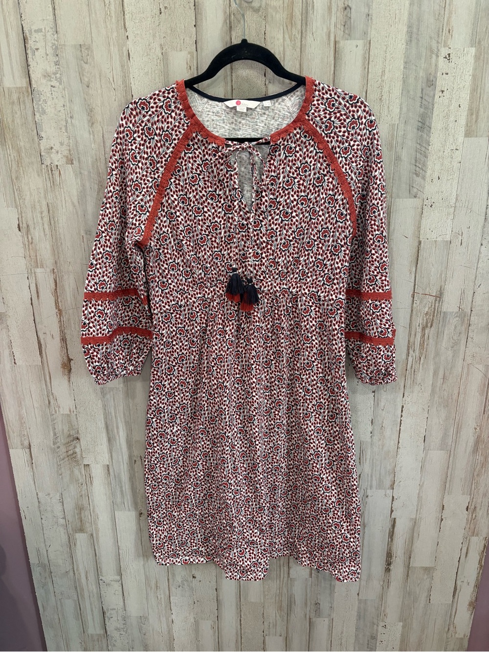 Boden Red Heidi Jersey‎ Dress Tassels Womens 6 Knee Length 100% Cotton Lace Trim